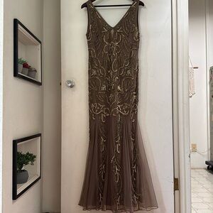 Patra Women's Dark Beige Gold Beaded Sequin Sleeveless Gown Dress Size 12
